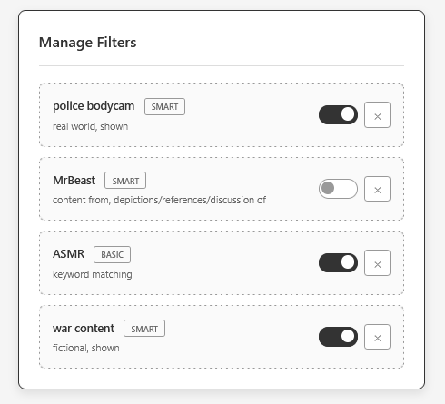 Filter management mockup